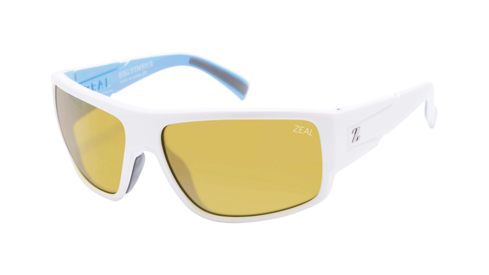 Zeal Optics Big Timber White Caps sunglasses with ellume polarized automatic lenses (quarter view)